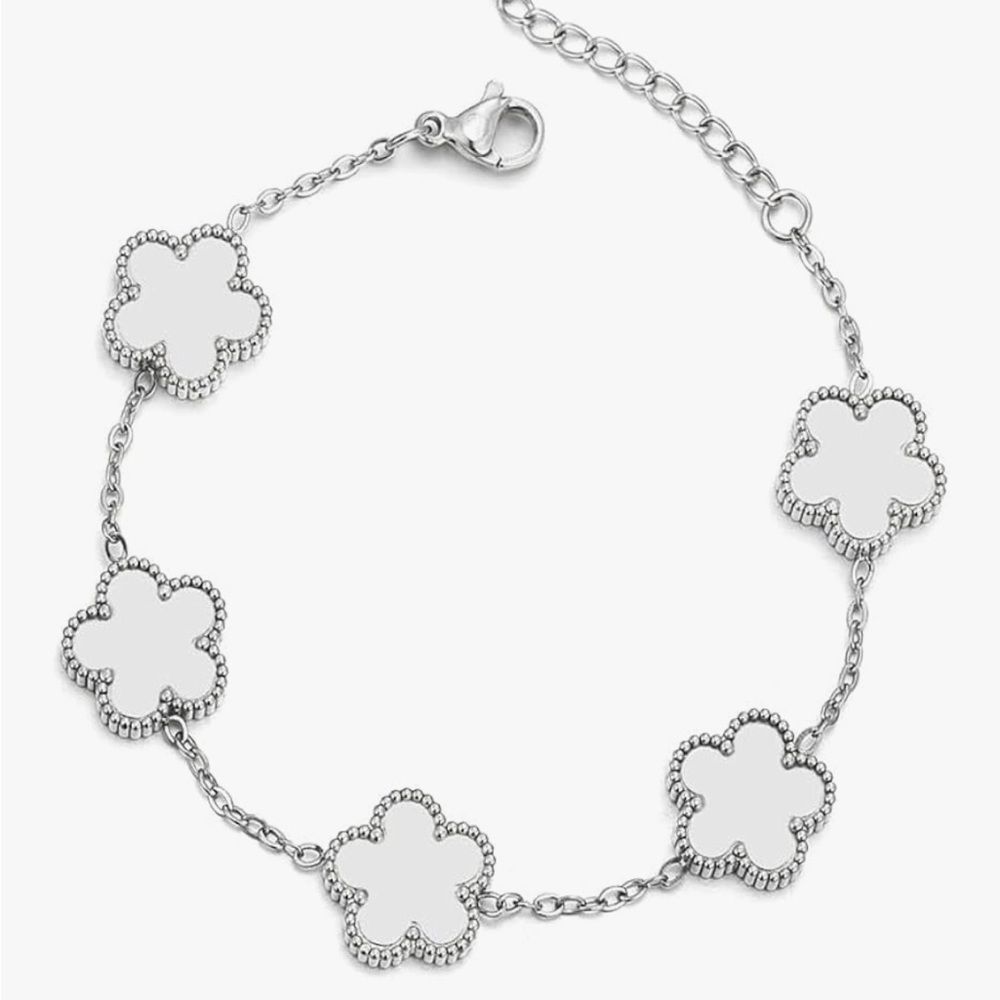 18K Gold Silver Four Leaf Clover Bracelet White Enamel Van Cleef Style Dainty